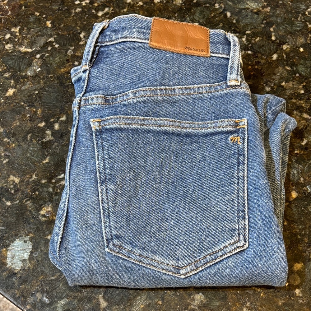 Madewell High-Rise Jeans in Medium Blue with Tan Leather Patch